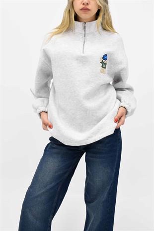 Ayıcık Nakışlı Fermuarlı Sweatshirt - Gri