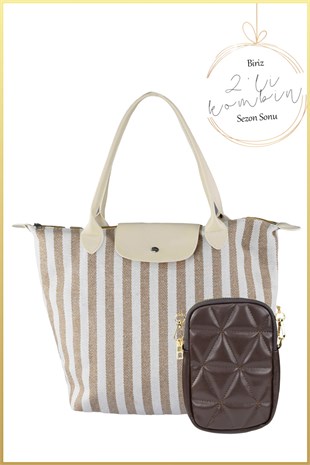 Bej - Beyaz Çizgili Shopper Çanta ve Kadın Zincir Askılı Kapitone Telefon Çantası - Kahverengi