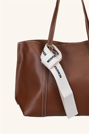 Beyaz Fular Detaylı El ve Omuz Çantası - Taba