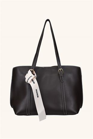 Beyaz Fular Detaylı El ve Omuz Çantası - Acı Kahve