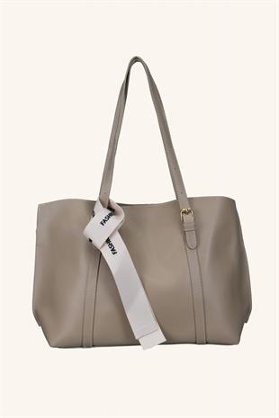 Beyaz Fular Detaylı El ve Omuz Çantası - Vizon 