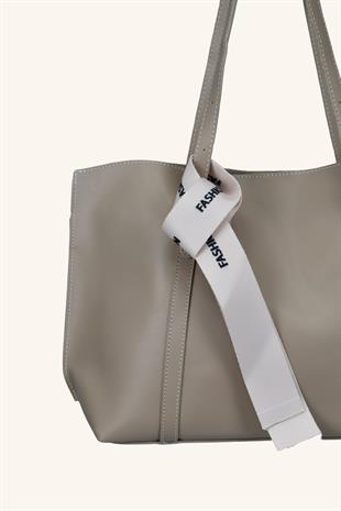 Beyaz Fular Detaylı El ve Omuz Çantası - Vizon 