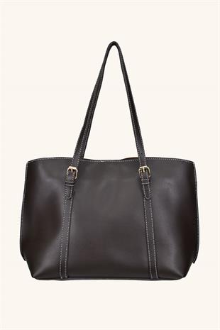 Beyaz Fular Detaylı El ve Omuz Çantası - Acı Kahve