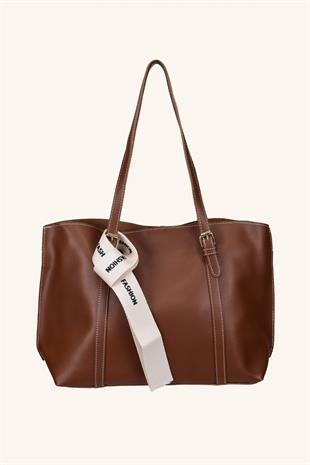 Beyaz Fular Detaylı El ve Omuz Çantası - Taba