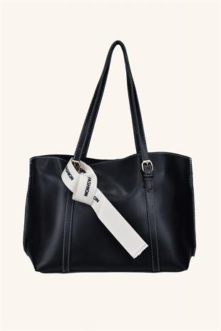 Beyaz Fular Detaylı El ve Omuz Çantası - Siyah