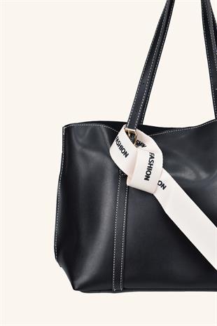 Beyaz Fular Detaylı El ve Omuz Çantası - Siyah