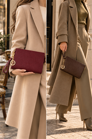 Biess Portföy 2 Li Clutch El Çantası - AcıKahve - Bordo