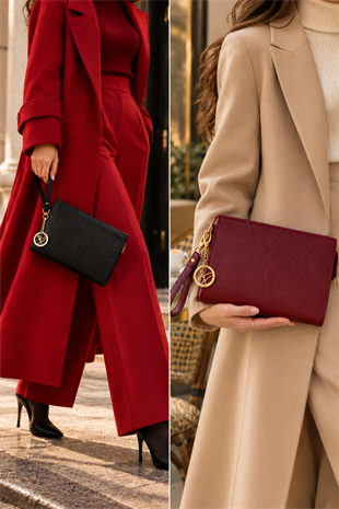 Biess Portföy 2 Li Clutch El Çantası - Siyah - Bordo