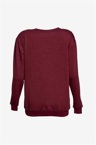 Bisiklet Yaka Basic Sweatshirt - Bordo