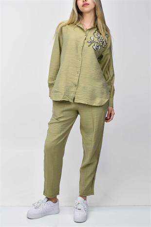 Boncuk Detaylı Gömlek-Pantolon Takım - Açık Yeşil