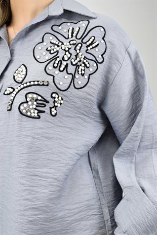 Boncuk Detaylı Gömlek-Pantolon Takım - Açık Mavi