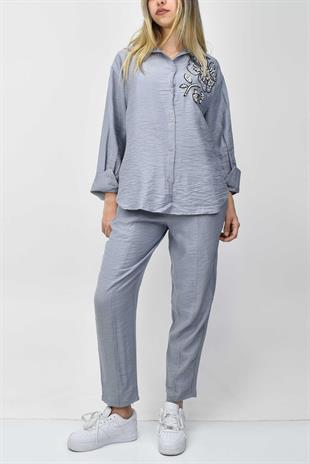 Boncuk Detaylı Gömlek-Pantolon Takım - Açık Mavi