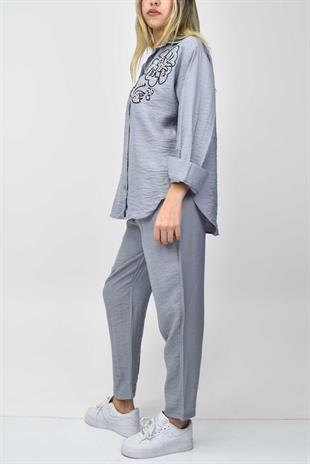 Boncuk Detaylı Gömlek-Pantolon Takım - Açık Mavi