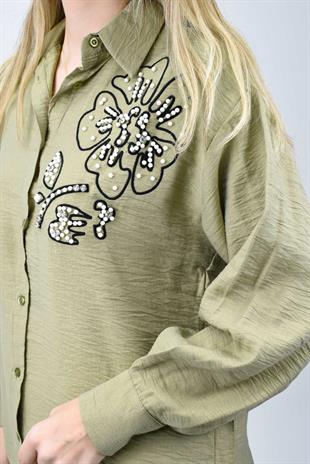 Boncuk Detaylı Gömlek-Pantolon Takım - Açık Yeşil