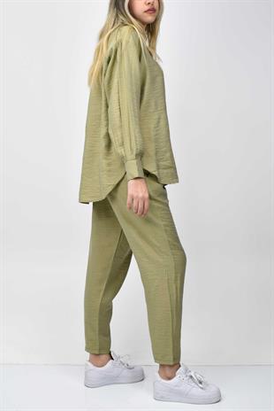 Boncuk Detaylı Gömlek-Pantolon Takım - Açık Yeşil