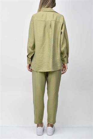 Boncuk Detaylı Gömlek-Pantolon Takım - Açık Yeşil