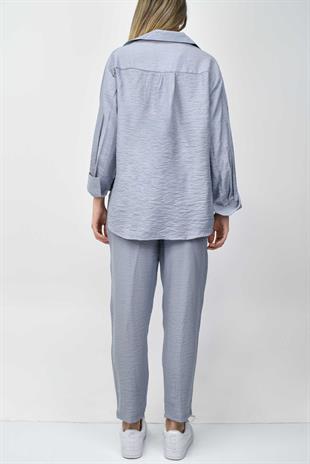 Boncuk Detaylı Gömlek-Pantolon Takım - Açık Mavi