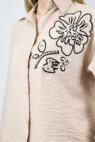 Boncuk Detaylı Gömlek-Pantolon Takım - Bej