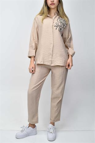 Boncuk Detaylı Gömlek-Pantolon Takım - Bej