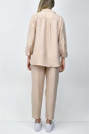 Boncuk Detaylı Gömlek-Pantolon Takım - Bej