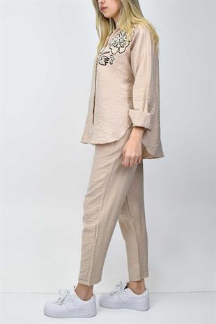 Boncuk Detaylı Gömlek-Pantolon Takım - Bej