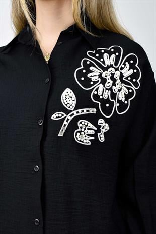Boncuk Detaylı Gömlek-Pantolon Takım - Siyah