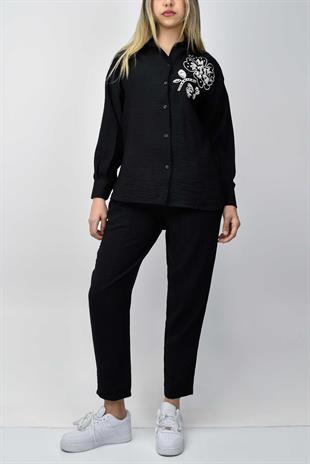Boncuk Detaylı Gömlek-Pantolon Takım - Siyah