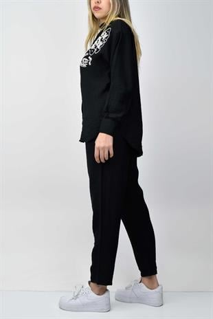 Boncuk Detaylı Gömlek-Pantolon Takım - Siyah