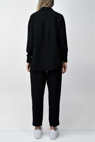 Boncuk Detaylı Gömlek-Pantolon Takım - Siyah