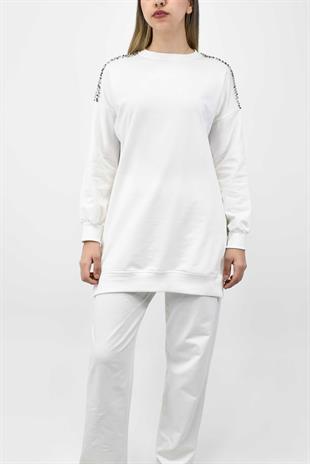 Boncuk Detaylı Tunik-Pantolon Takım - Ekru