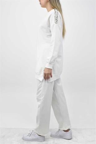 Boncuk Detaylı Tunik-Pantolon Takım - Ekru