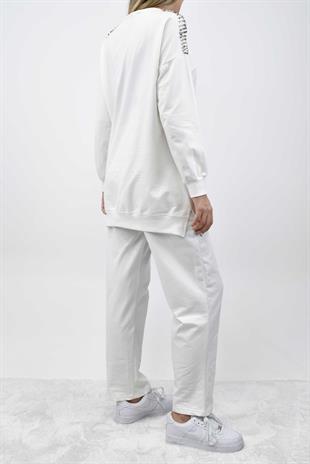 Boncuk Detaylı Tunik-Pantolon Takım - Ekru