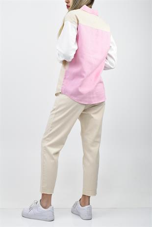 Cep Detaylı Gabardin Gömlek Pantolon Takım Bej-Pembe