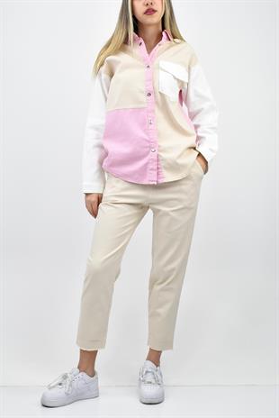 Cep Detaylı Gabardin Gömlek Pantolon Takım Bej-Pembe