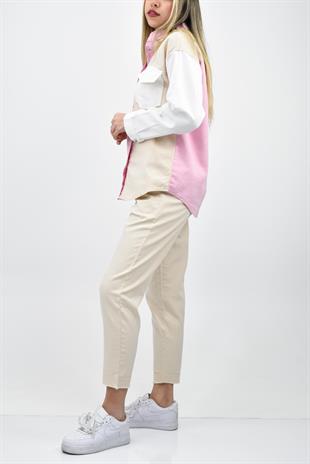 Cep Detaylı Gabardin Gömlek Pantolon Takım Bej-Pembe