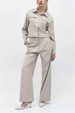  Cep Detaylı Düğmeli Ceket Pantolon İkili Takım - Bej