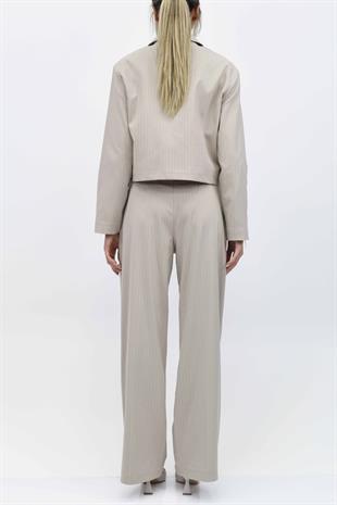  Cep Detaylı Düğmeli Ceket Pantolon İkili Takım - Bej