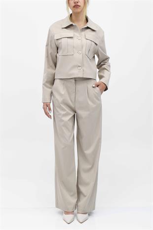  Cep Detaylı Düğmeli Ceket Pantolon İkili Takım - Bej