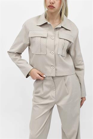  Cep Detaylı Düğmeli Ceket Pantolon İkili Takım - Bej