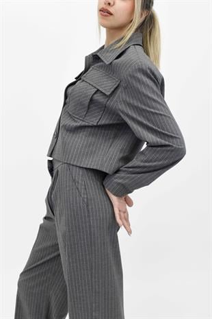  Cep Detaylı Düğmeli Ceket Pantolon İkili Takım - Gri