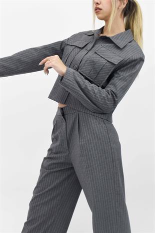  Cep Detaylı Düğmeli Ceket Pantolon İkili Takım - Gri