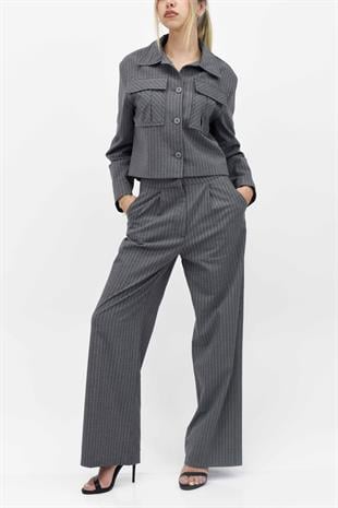  Cep Detaylı Düğmeli Ceket Pantolon İkili Takım - Gri