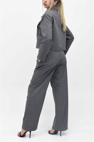  Cep Detaylı Düğmeli Ceket Pantolon İkili Takım - Gri