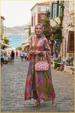 Chin Kadın Desenli Burslu El ve Omuz Çantası - Fıstık Yeşili-Fuşya