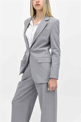  Çizgili Blazer Ceket Pantolon İkili Takım- Açık Gri