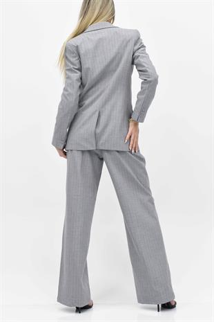  Çizgili Blazer Ceket Pantolon İkili Takım- Açık Gri