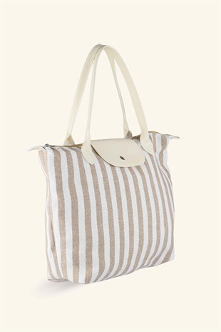 Çizgili Shopper Çanta - Bej - Beyaz