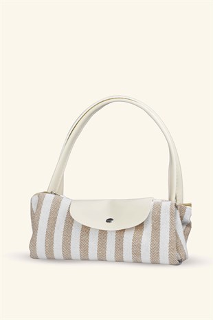 Çizgili Shopper Çanta - Bej - Beyaz