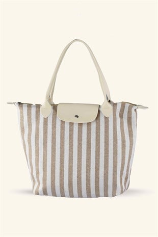 Çizgili Shopper Çanta - Bej - Beyaz