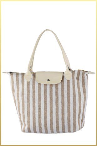 Çizgili Shopper Çanta - Bej - Beyaz